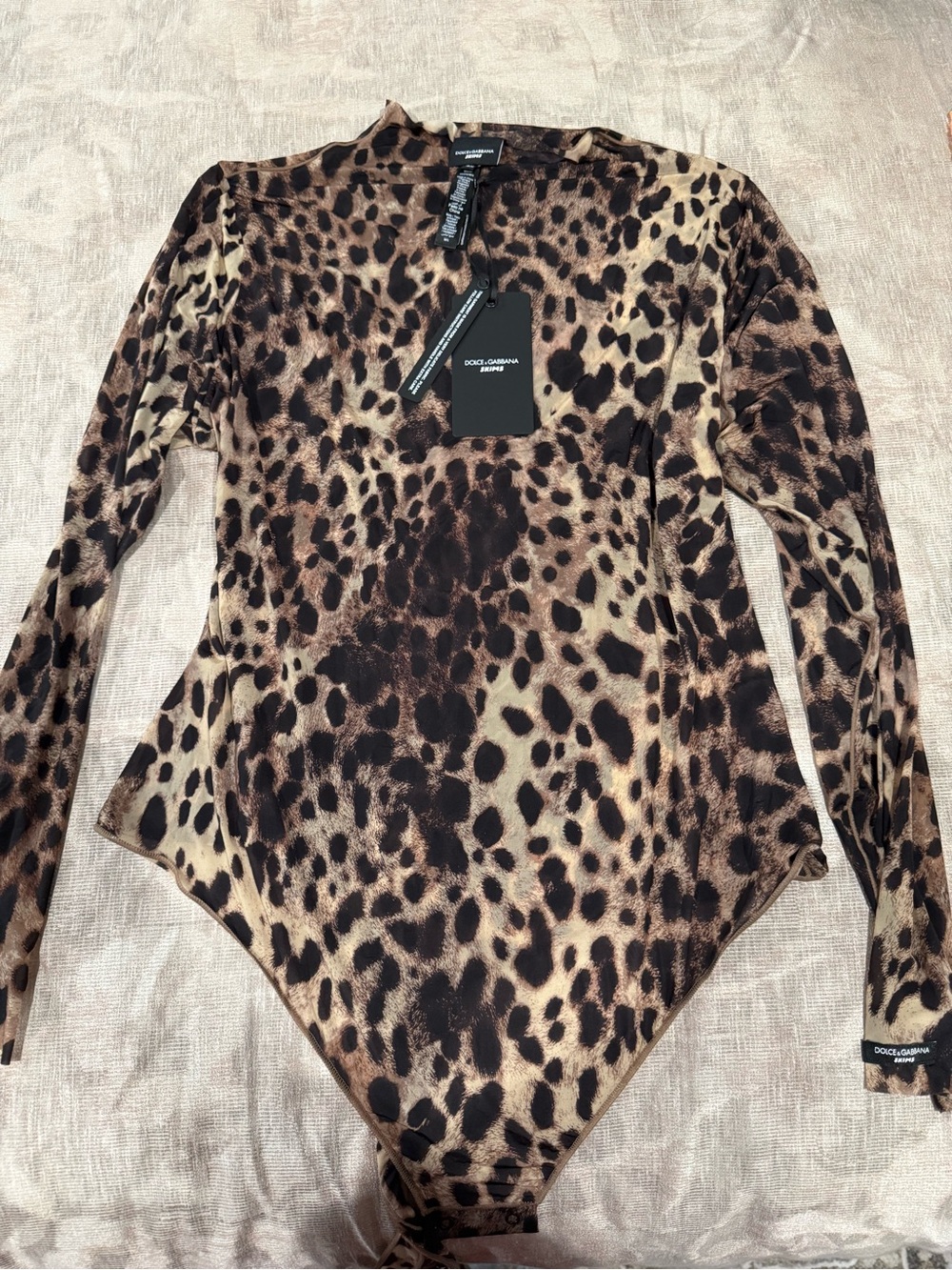 Skims Dolce & Gabbana Leopard Print Long Sleeve Milky Sheer Mock Neck Bodysuit